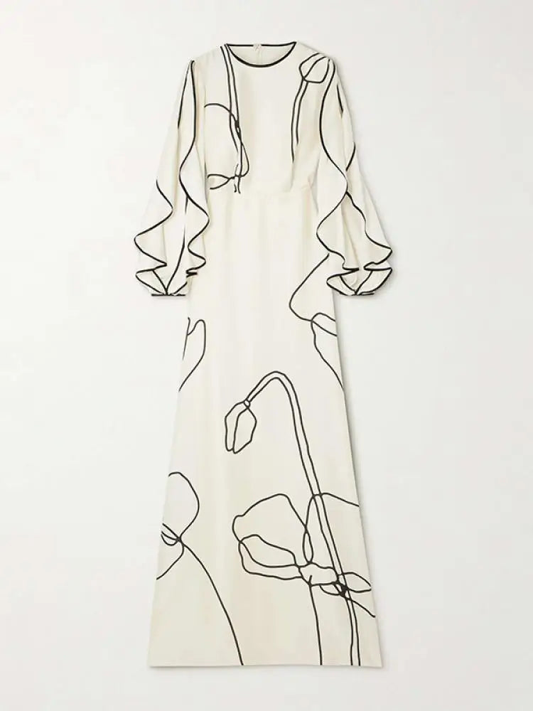 2026 New Women's Printed Maxi Dress Round Neck Ruffle Sleeves High Waist Pleated Party Dress Female Stylish A-line Dresses