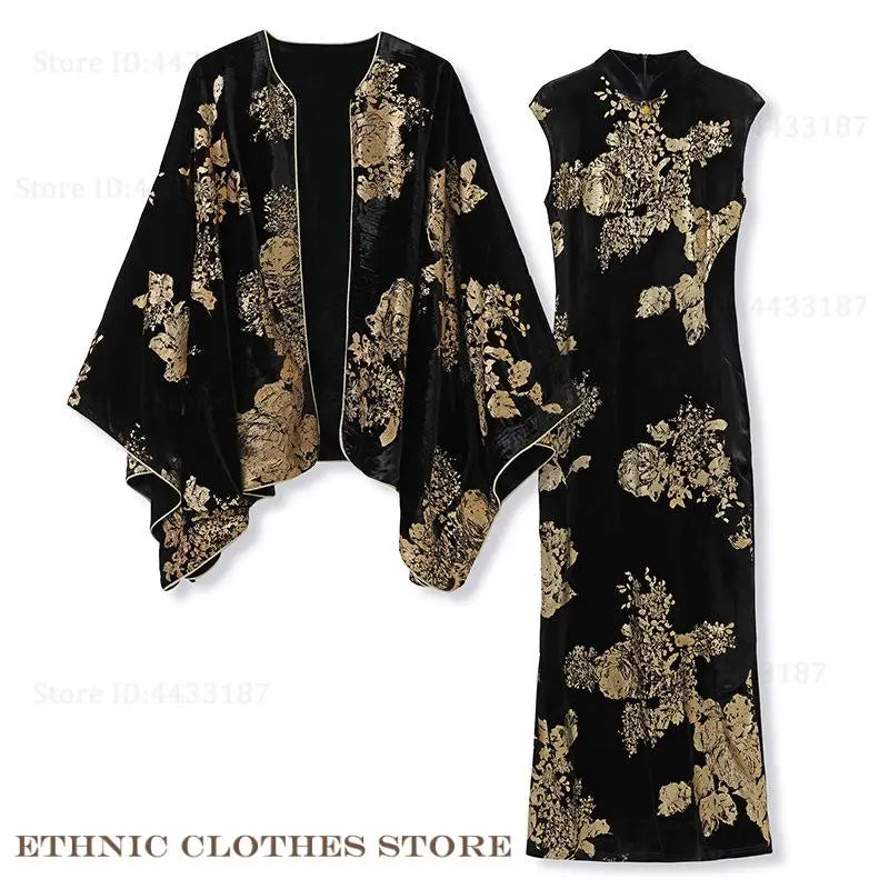 New Chinse Style Kimono Cardigan Cheongsam Autumn Winter Luxury Velvet Bronzing Qipao Hanfu Jacket Coat Elegant Haori Yukata Top