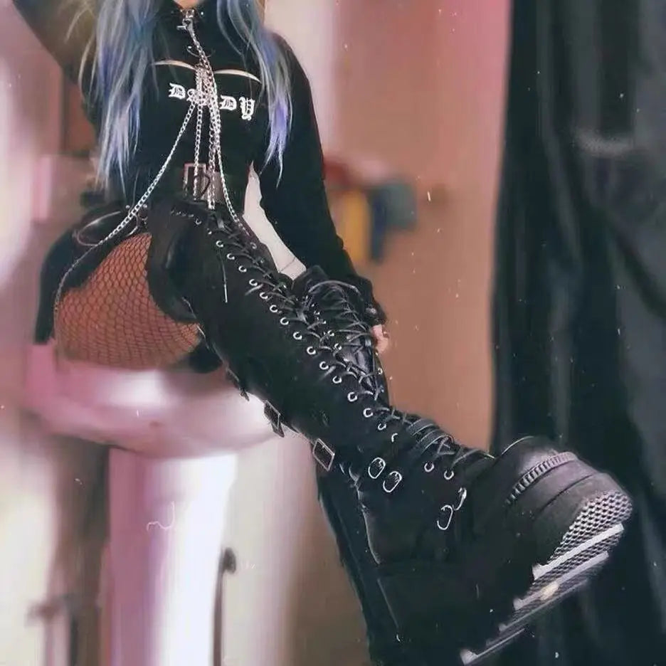 Fashion High Boots Women Platform Wedges Motorcycle Boot Over The Knee Army Stripper Heels Black Lace-up Belt Buckle Long Boots