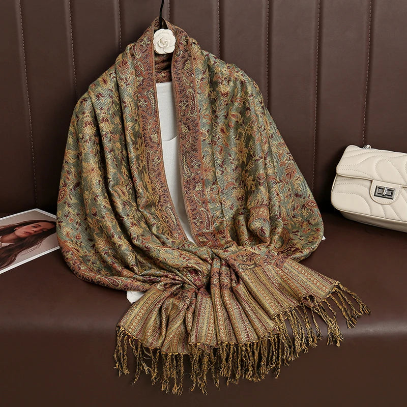 Cashmere Pashmina Shawl With Autumn Print Design, Olive Accents And Gold-Toned Fringe — Red | KIMLUD