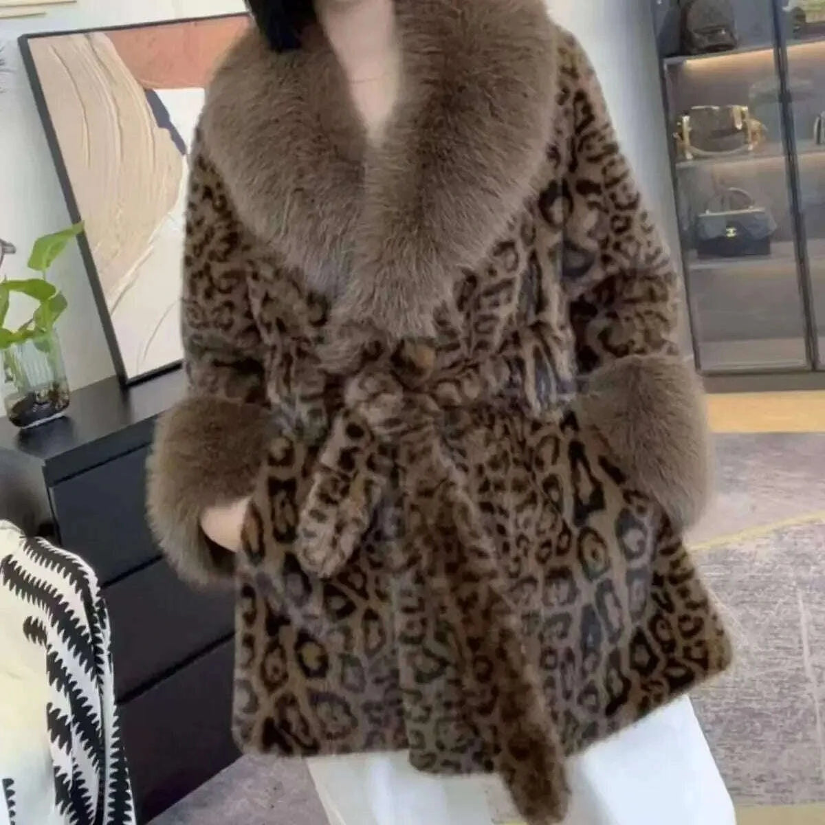 KIMLUD, Luxury Vintage Faux Fur Coat Women Fur Collar Long Sleeve with Belt Oversized Fur Jacket Warm Thick Winter Cardigan Lady's Coats, KIMLUD Womens Clothes