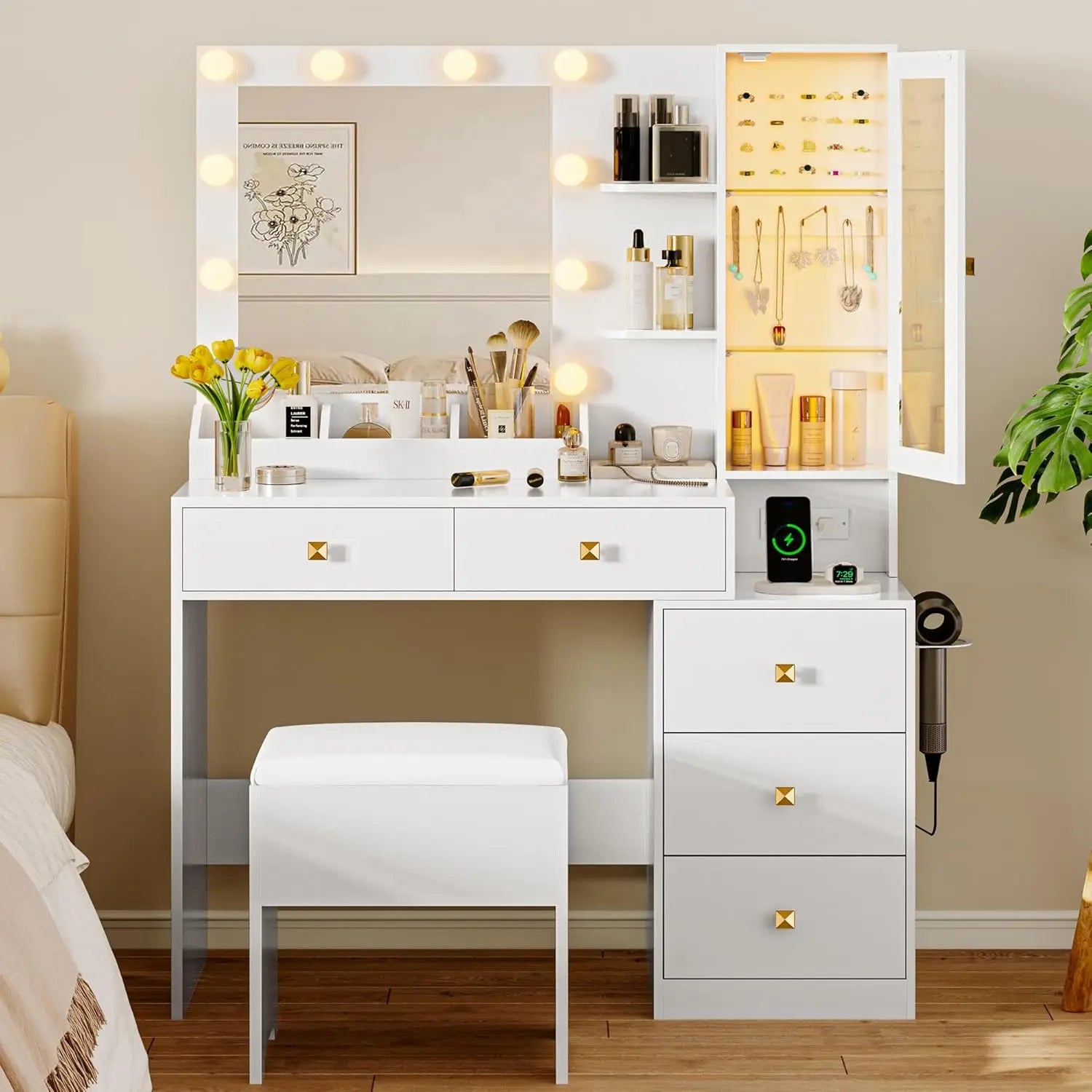 Vanity Desk with Mirror and Lights, Makeup Vanity Table Set with 5 Storage Drawers, Power Outlet & Chair, Small Dressing Table