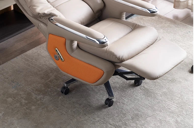 Leather Massaging Executive Office Chair — Beige | KIMLUD