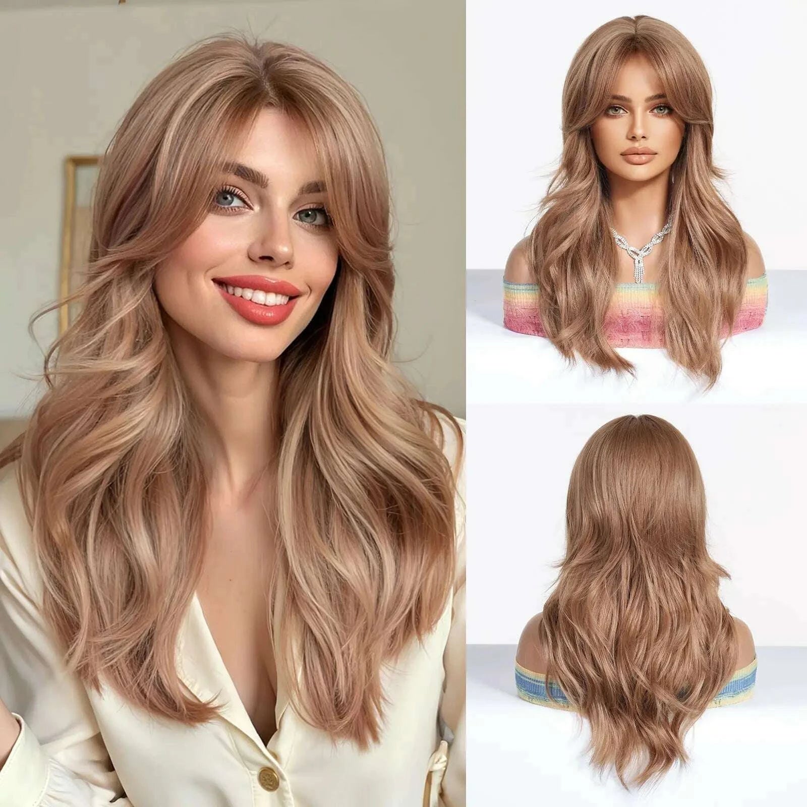 KIMLUD, Golden Blonde Mixed Synthetic Wig Dark Root Wavy Hair With Side Bangs for Women Daily Party Cosplay wig Heat Resistant Fiber, KIMLUD Womens Clothes