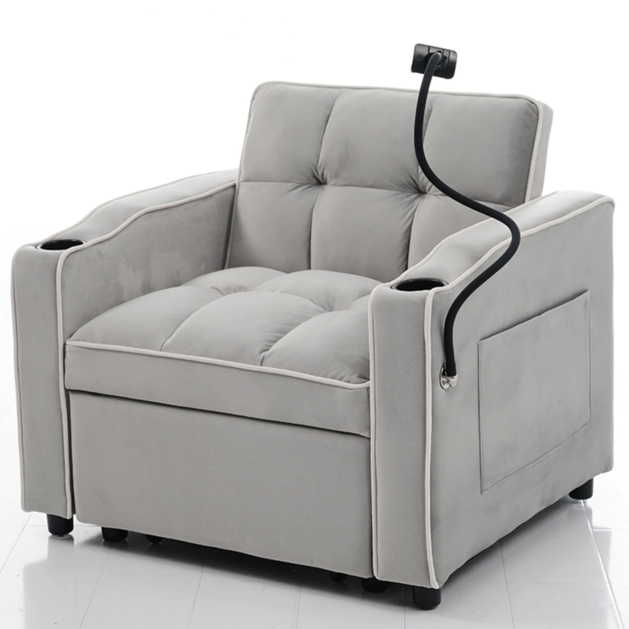 Convertible Sofa Bed 3-in-1 With Beverage Rack And Phone Holder — Soft Ash Gray | KIMLUD