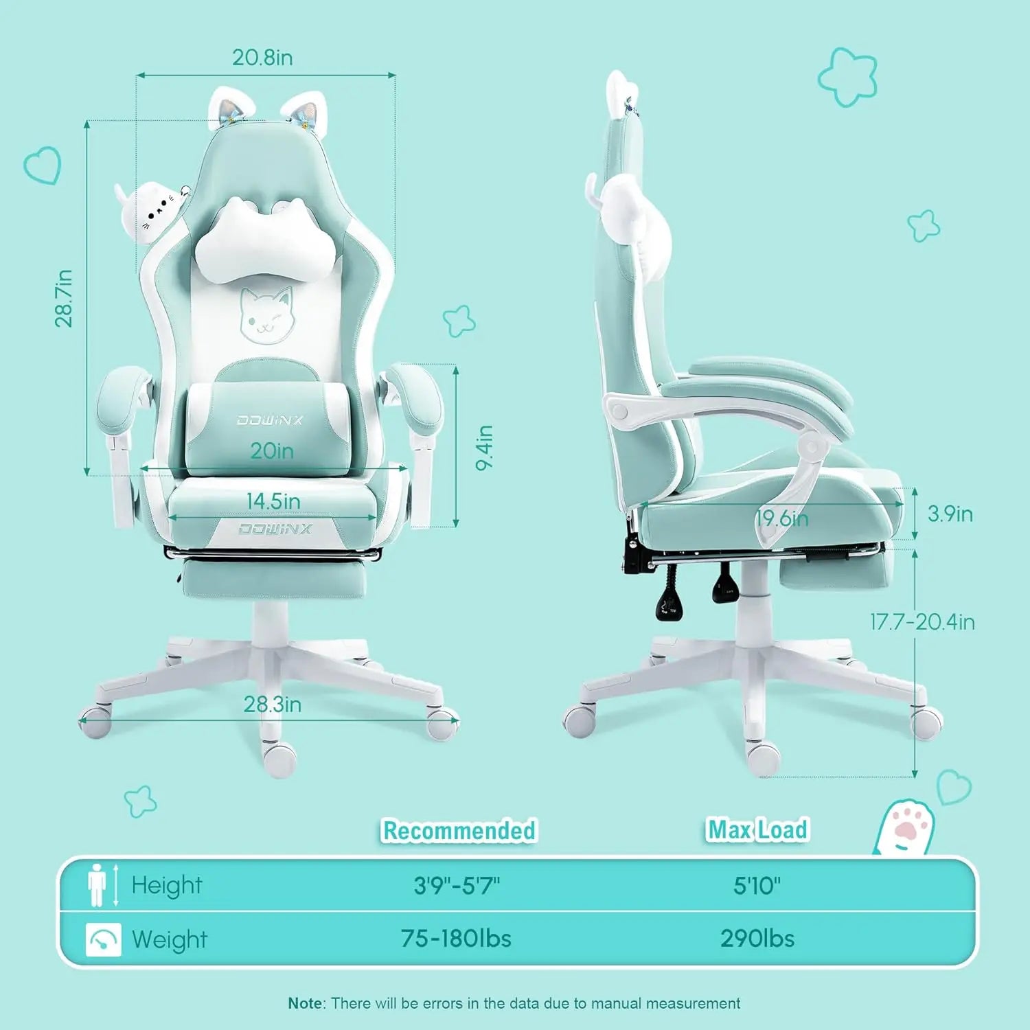 Cute Cat Ear Gaming Chair with Massage Lumbar Support, Ergonomic Reclining Computer Chair for Girls and Adults, Blue Green