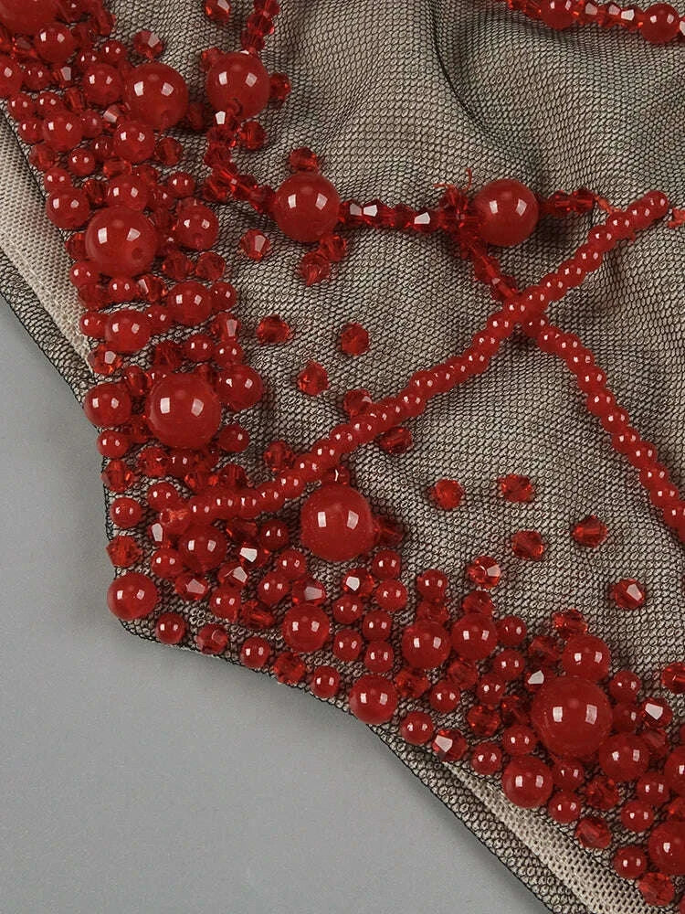 KIMLUD, VC Glamorous Fashion Strapless Red Beaded Mesh Through Mini Sexy Dress with Corset for Club and Evening Party, KIMLUD Womens Clothes