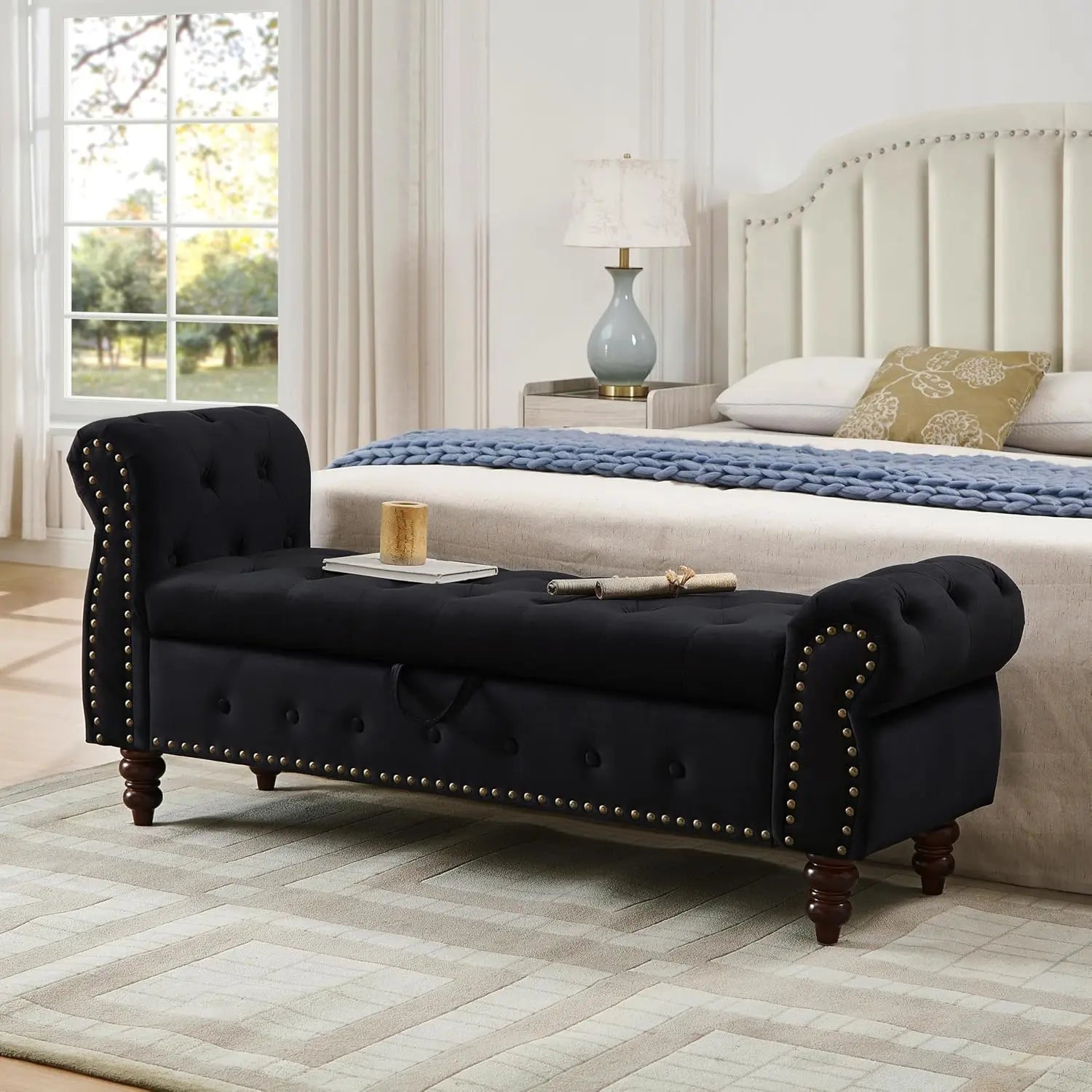 Velvet Storage Bench, End of Bed Storage Bench with Rolled Armrest, Entryway Ottoman with Nailhead Trim and Button Tufting, Stor