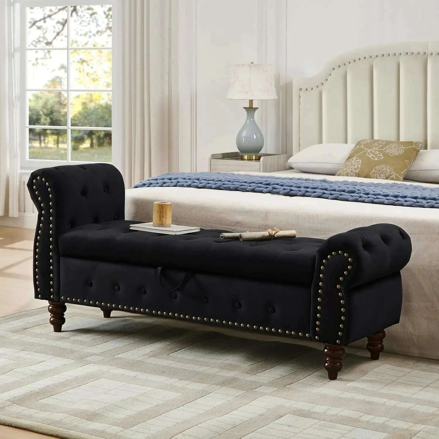 velvet-storage-bench-end-of-bed-storage-bench-with-rolled-armrest-entryway-ottoman-with-nailhead-trim-and-button-tufting-storkimlud-womens-fashion-34603499