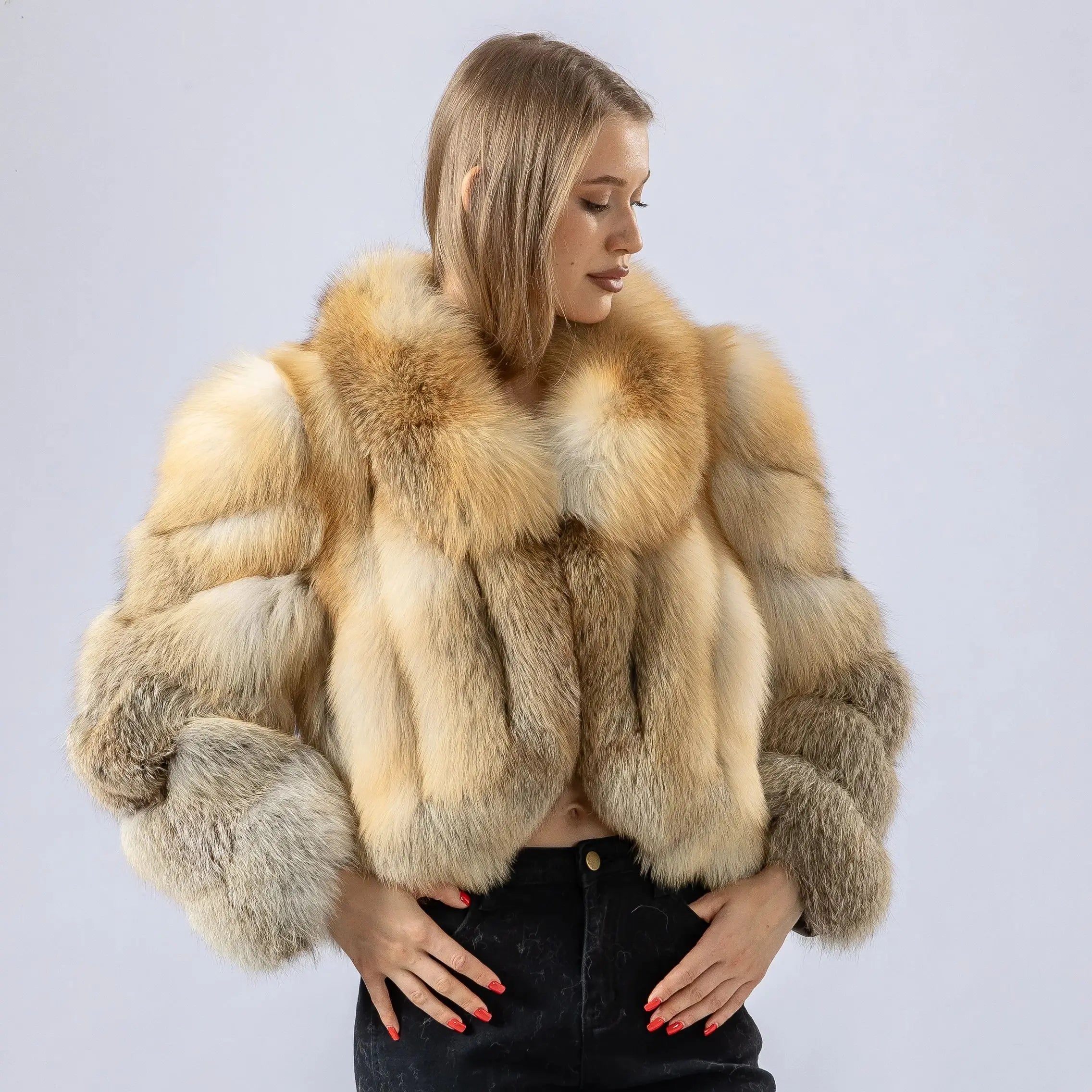Women Genuine Natural Golden Island Fox Fur Coat with fox fur collar For Winter Fashion Short Jacket