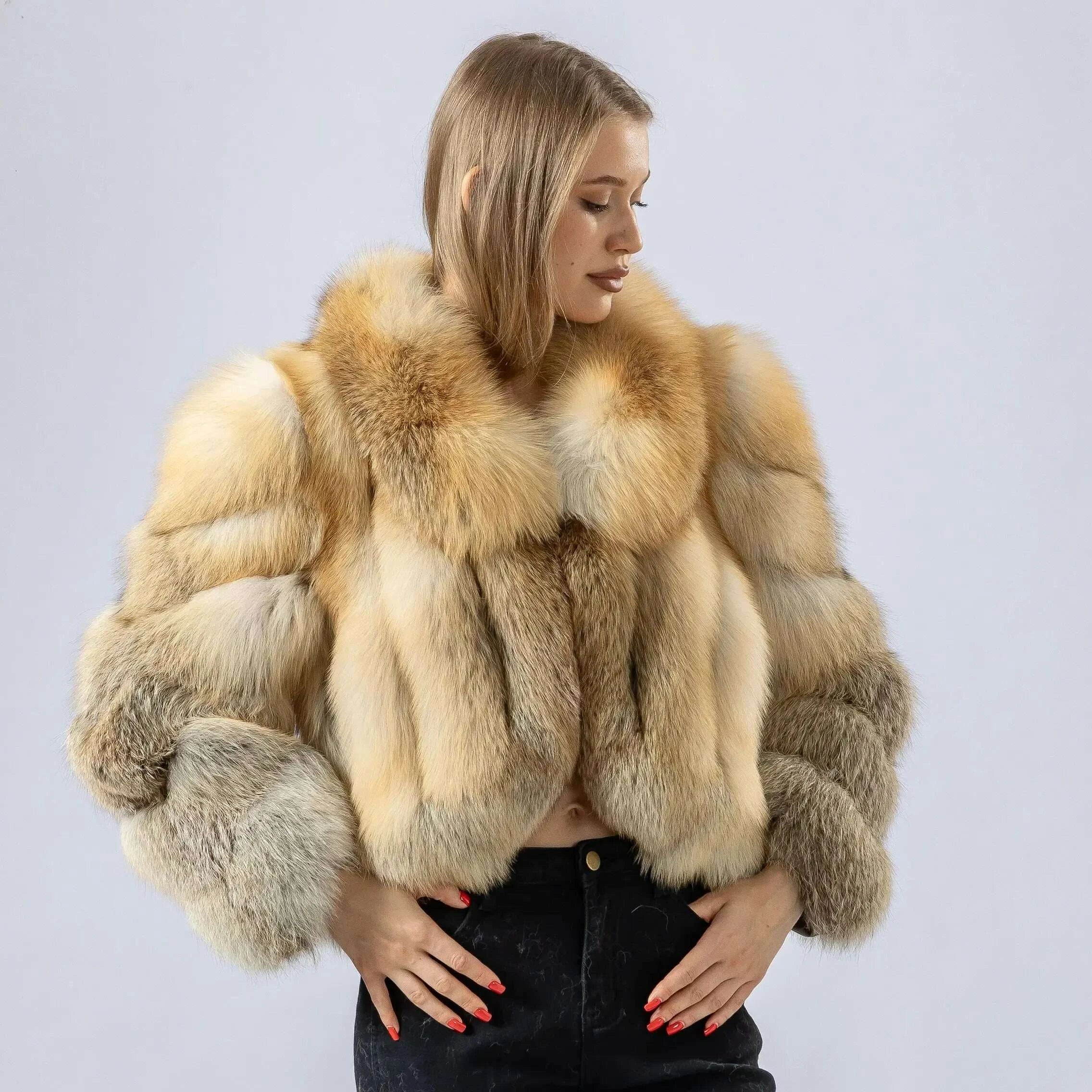 KIMLUD, Women Genuine Natural Golden Island Fox Fur Coat with fox fur collar For Winter Fashion Short Jacket, KIMLUD Womens Clothes