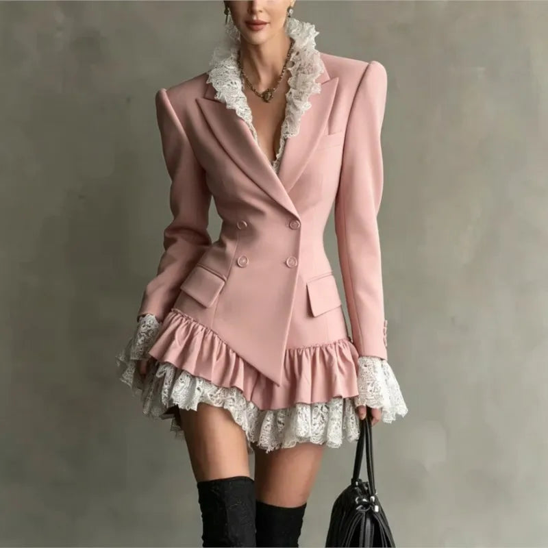 Mini Dress – Double Breasted Lapel – Lace Ruffle Silhouette – Polyester | KIMLUD