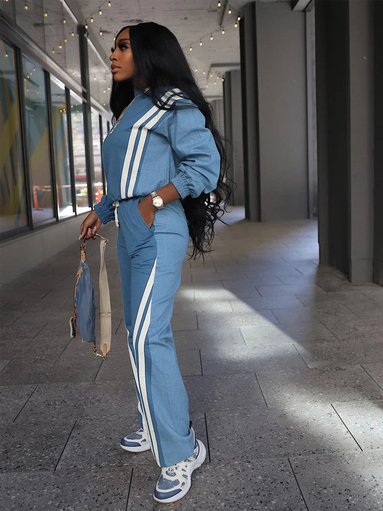Sweatsuits for Woman 2025 Fall Sports Fashion Color Block Stripe Full Sleeve Sweatshirt and Drawstring Long Pants 2 Piece Sets