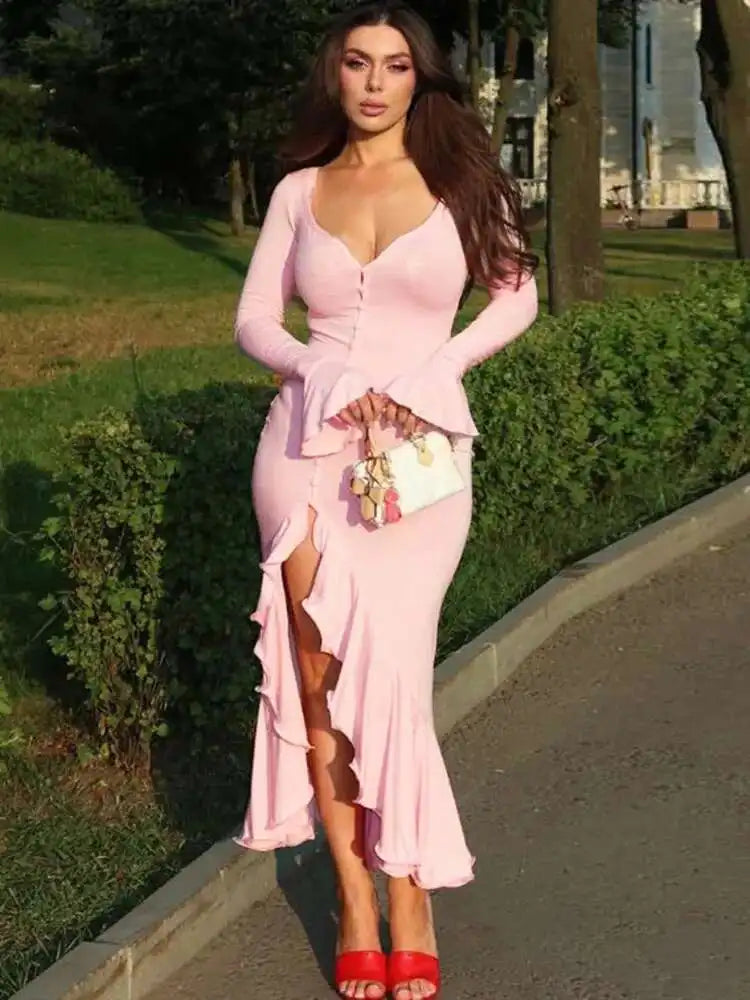 Mozision Flare Long Sleeve Ruffle Sexy Maxi Dress Women Autumn Pink V Neck Single-breasted High Waist Club Long Dresses Female