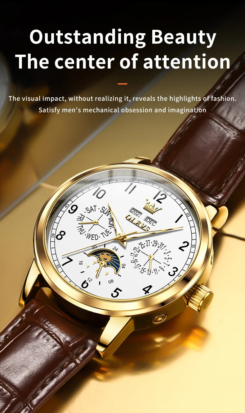 Leather Dress Watch Moon Phase Automatic — Black | KIMLUD