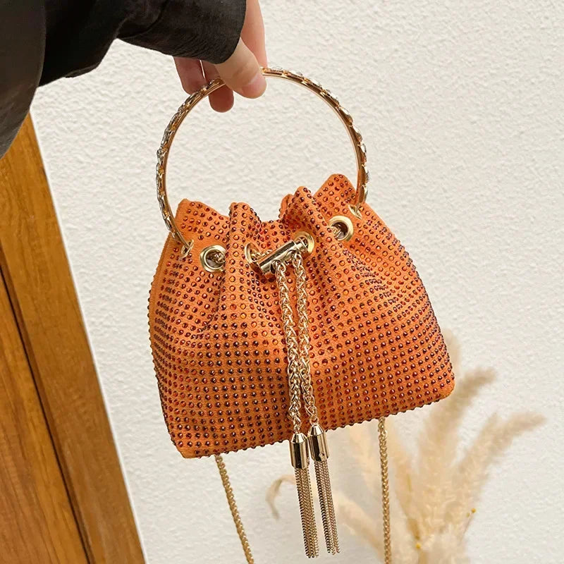 Luxury Diamonds Tassel Evening Clutch Bag Women Designer Chain Metal Ring Handle Shiny Crystal Bucket Purse Bridal Wedding Party