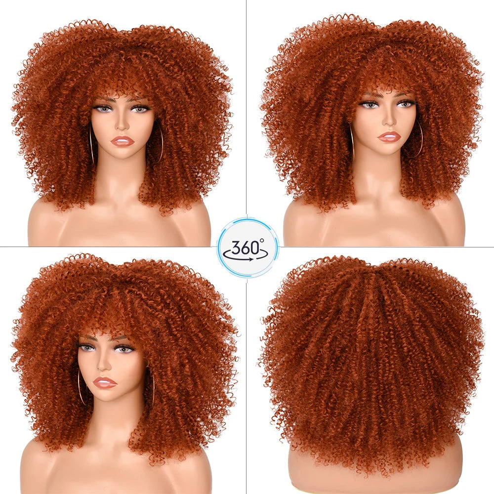 Afro Kinky Curly Hair Wigs With Bangs — Natural Brown Mixed | KIMLUD