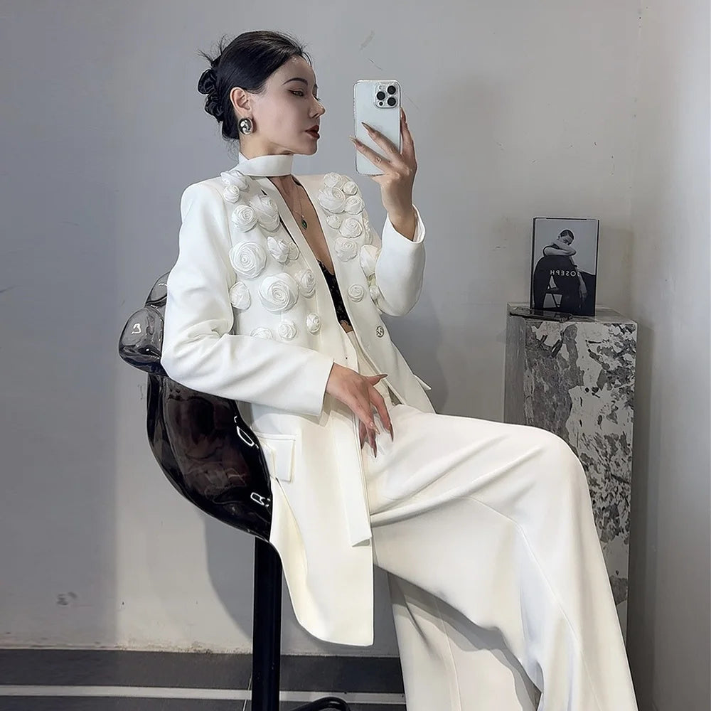 TWOTWINSTYLE Solid Two Piece Set For Women Lapel Long Sleeve Spliced Appliques Coat High Waist Wide Leg Pant Chic Sets Female