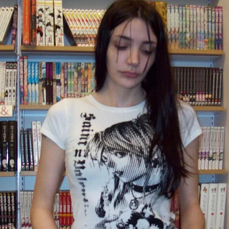 Y2K Fashion T shirt fairy grunge Summer E-girl White Black Crop Top Slim 2000s Harajuku Goth Locomotive wind Short Sleeve