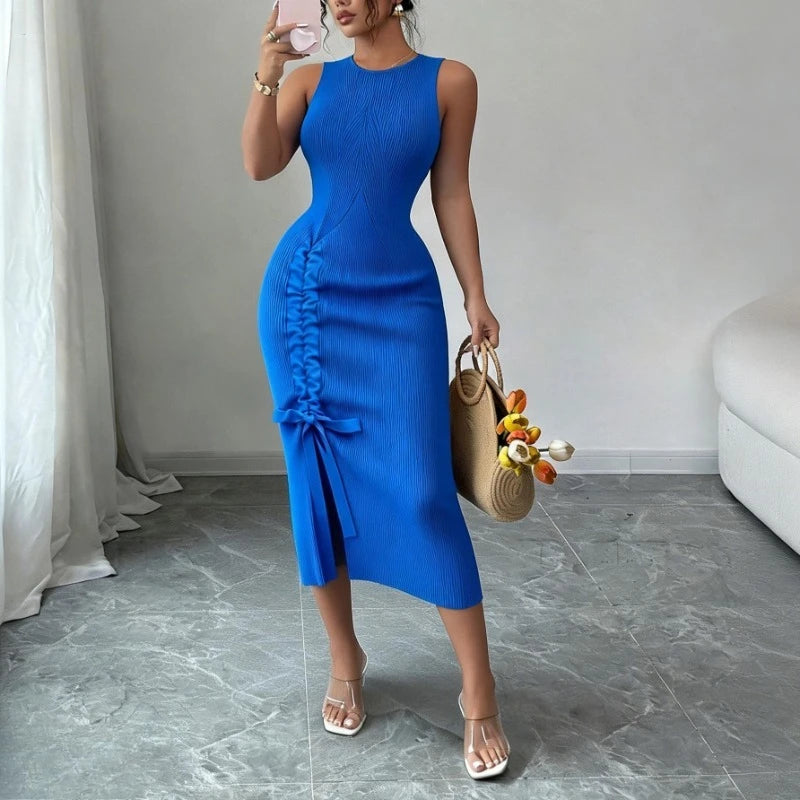 Ribbed Knit Ruched Bodycon Dresses — Blue | KIMLUD