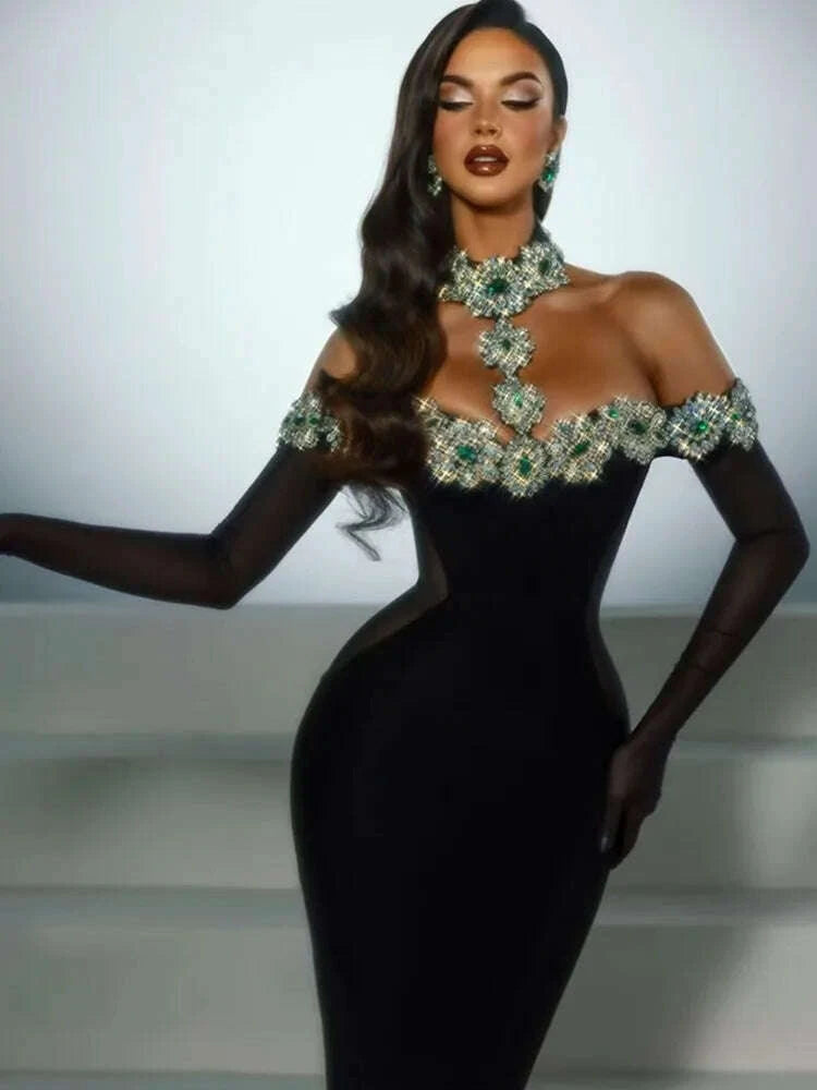 KIMLUD, Summer Bandage Dress 2025 Women Celebrity Sexy Diamonds Crystal Black Maxi Long Bodycon Elegant Evening Club Party Dress, KIMLUD Womens Clothes