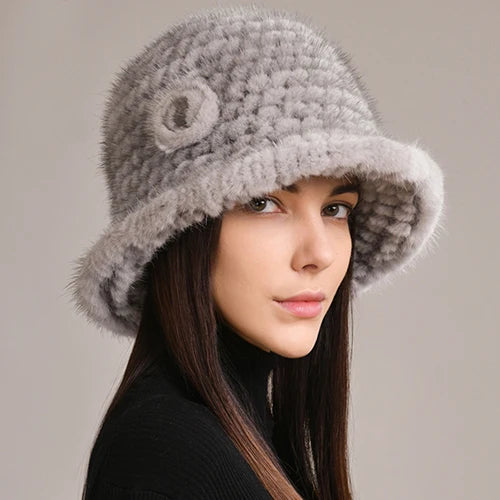 Woman Hat Winter Solid Mink Caps With Flower Natural Mink Fur Hats New Russian Girl Soft Knitting Real Fur Bucket Hats 2025 Warm