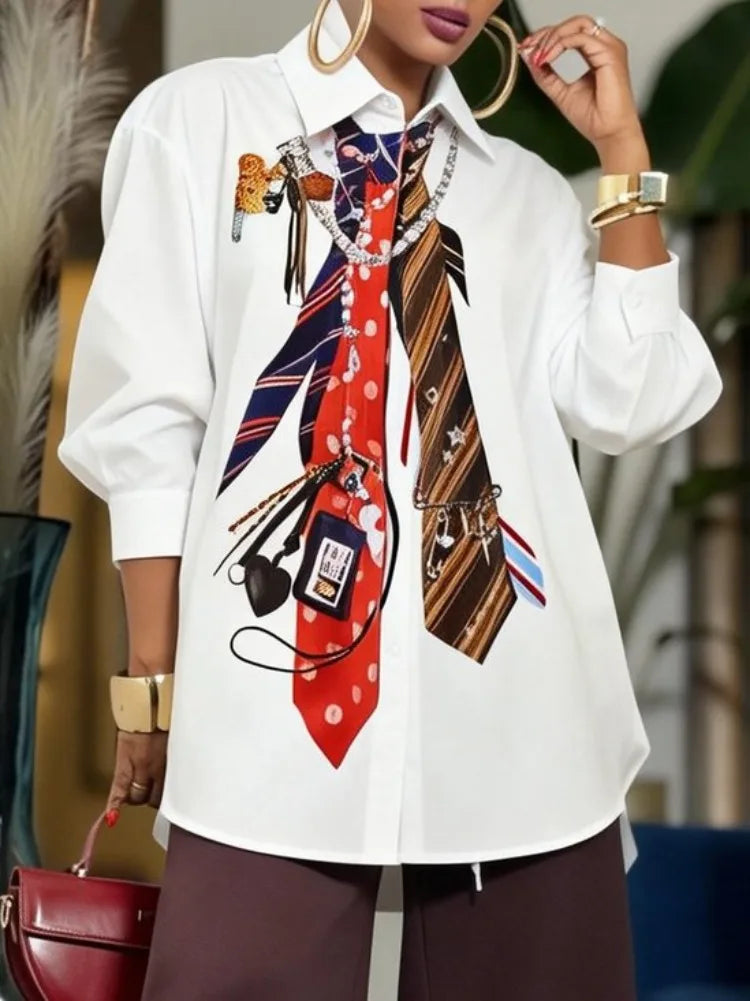 Polyester Blouse 3D Tie Print Lapel — White | KIMLUD
