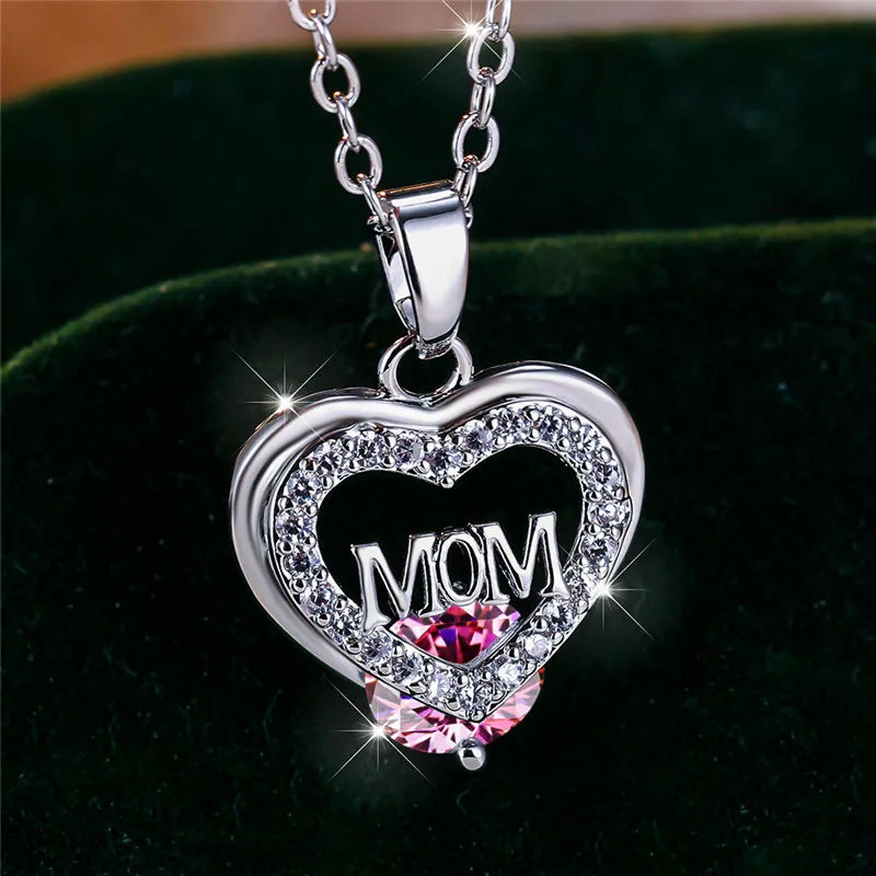 Crystal Luxury White Zircon Stone Heart Mom Letter Pendant Necklace Vintage Wedding Jewelry For Women Mother's Day Gift