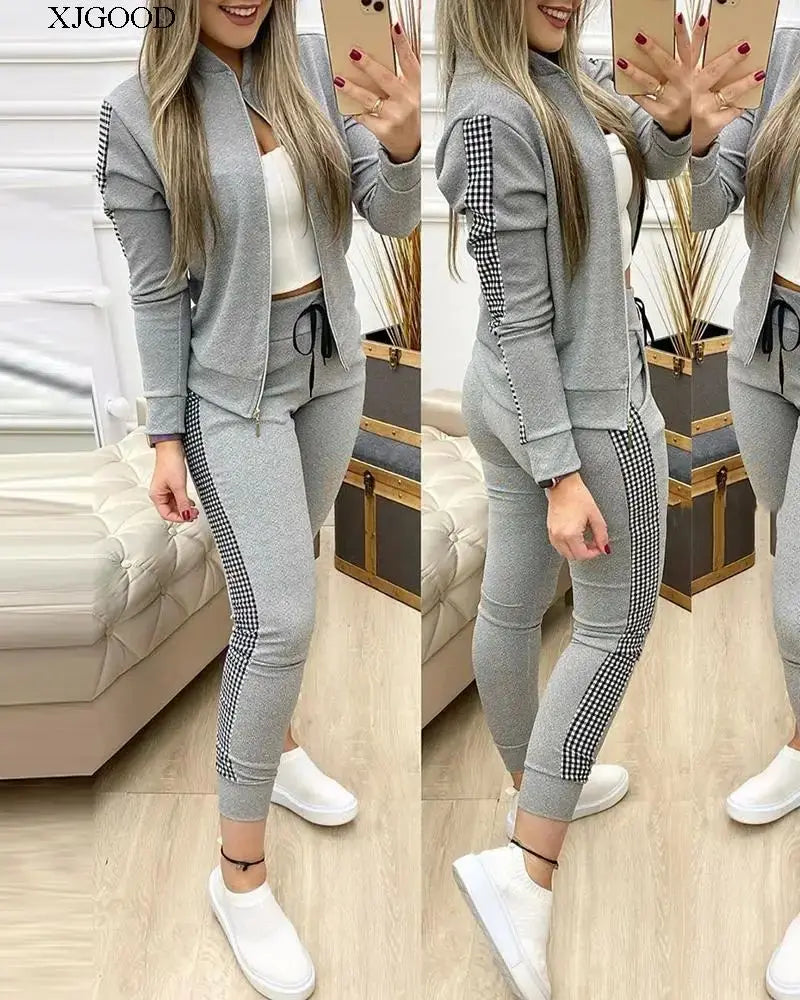 Sport Plaid Patchwork Long Sve Set Women's Casual Sportswear Polyester Fabric Zipper Closure Long Pants Two-Piece Set