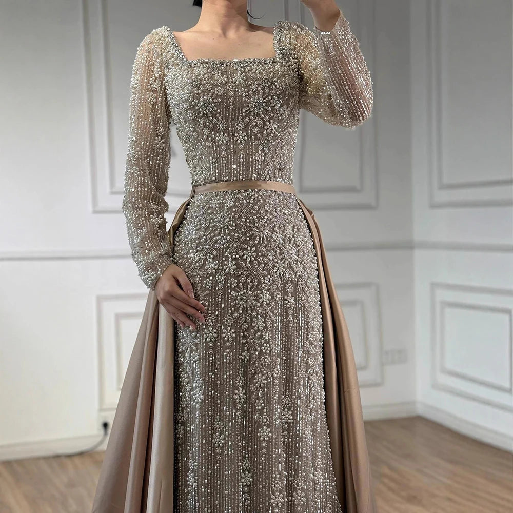 Mermaid Beaded Evening Gown With Overskirt And Built-In Bra In Luxe Beadwork — Caramel | KIMLUD