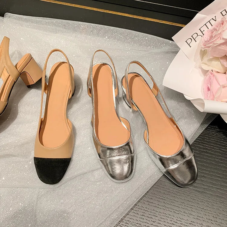 2025 Summer Genuine Leather Sandals for Women Silver Nude Medium Heels Summer Shoe Two-Tone Block Heeled Pumps Lady Office Party