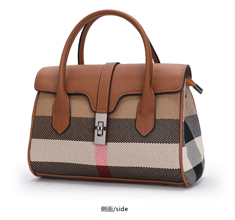 Canvas Patchwork Plaid Shoulder Bag Large Capacity — Tan | KIMLUD
