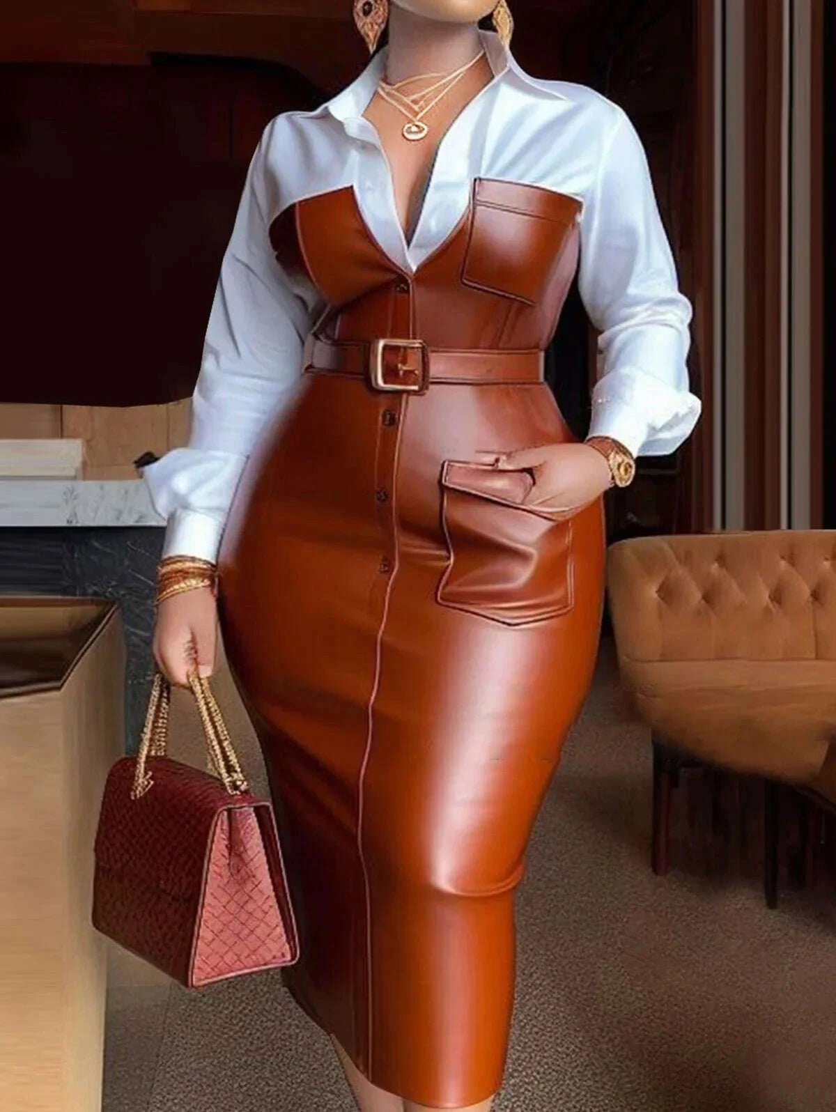KIMLUD, Women's Faux Leather PU Patchwork Midi Dress with Turn down Collar Long Sleeve Bodycon Office Dress Elegant Autumn 2025, KIMLUD Womens Clothes