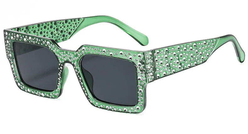 Plastic Diamond-Studded Square Sunglasses — Black | KIMLUD