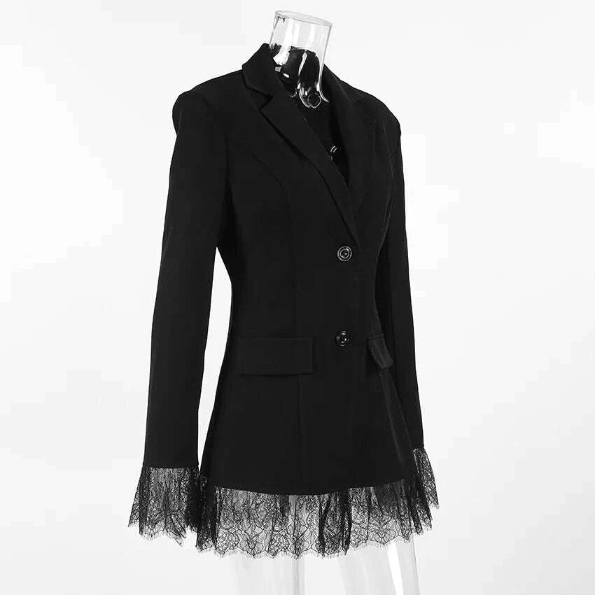 KIMLUD, 2025 Autumn and Winter New Fashion Black Small Suit Solid Jacket Design Sense Lace Splicing Commuting Long Sleeved Top Coat, KIMLUD Womens Clothes