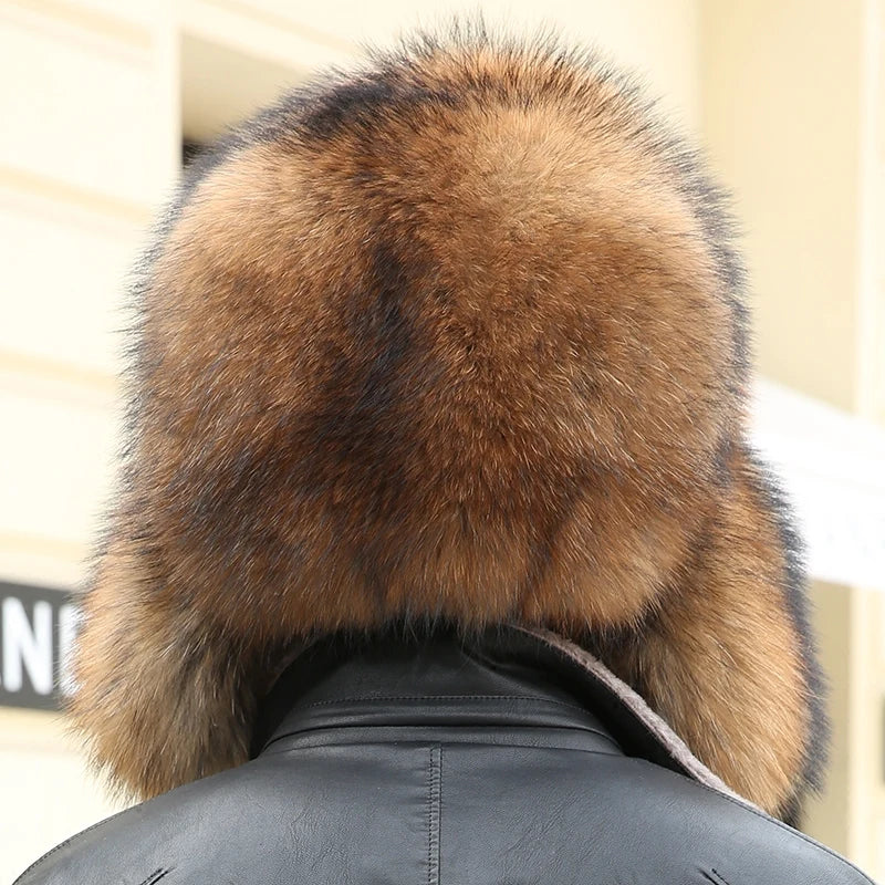 2025 Winter 100% Real Silver Fox Fur Bomber Hat Raccoon Fur Ushanka Cap Trapper Russian Men's Ski Hats Caps