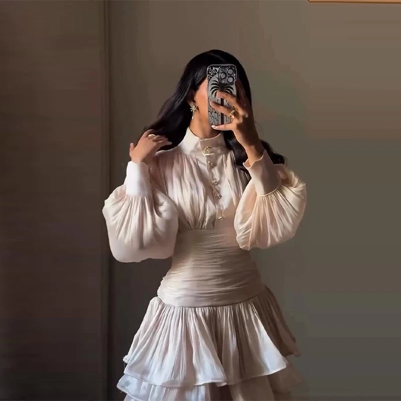 Ruched Waist Dresses Satin Mini - High Neck Puff Sleeve Black | KIMLUD