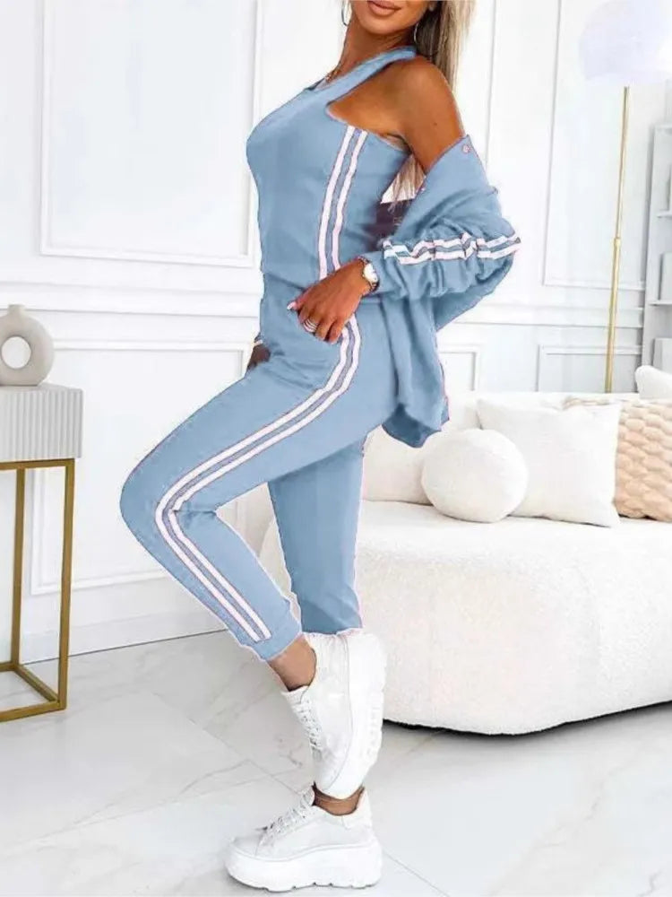 Autumn Three-Piece Set Women's Suit Striped Tape Patch Buttoned Jacket + Tank Top + Pants Sets Lady Sportswear Casual Tracksuits