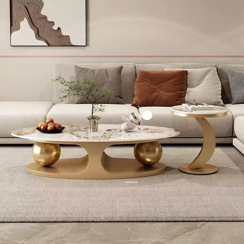 Gold-Toned Iron Oval Coffee Table With Glass Centerpiece — Gold | KIMLUD
