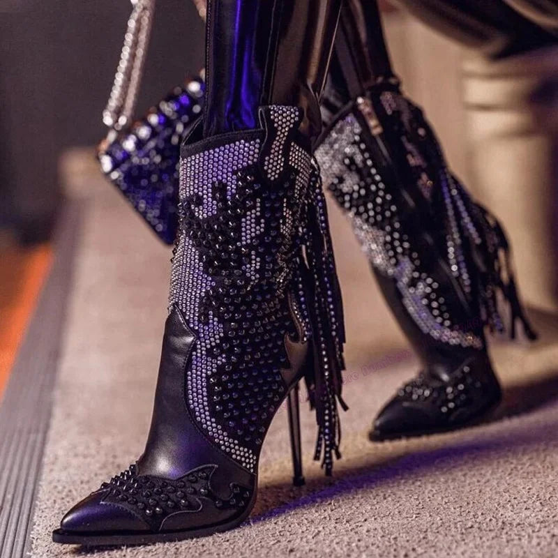 Black Tassel Crystal Decor Ankle Boots Pointed Toe Shoes for Women Thin High Heels Sexy Runway Shoes 2025 Zapatos Para Mujere