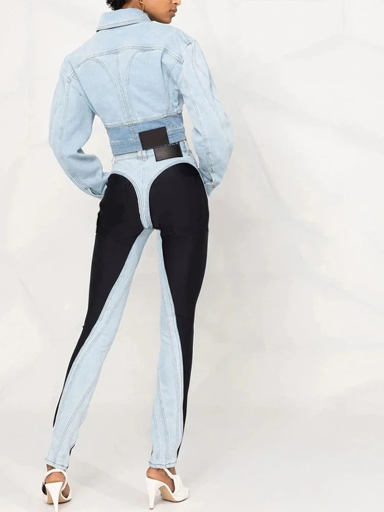 Patchwork Colorblock Women's Jeans High Waist Slim Casual Straight Denim Pencil Pants Female Fashion