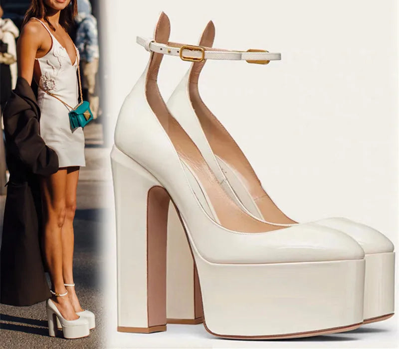 Women New European And American Style Super High Heels Patent Leather Round Toe Thick Sole Large Size Thick Heel Shoes