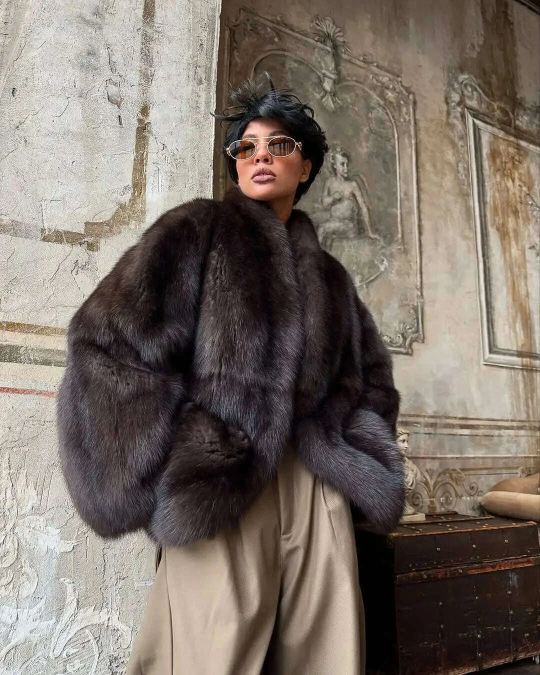 KIMLUD, Brown Medium-length Fur Coat Women Lapel Hidden Button Loose Elegant Outerwear 2025 Fashion Office lady commute Overcoat New, KIMLUD Womens Clothes