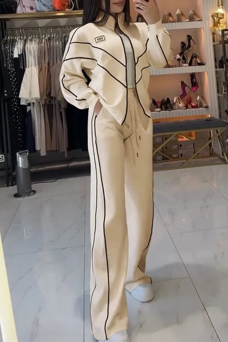 Polyester-Blend Knit Two-Piece Set With Black Piping Zip Sweatshirt And Long Pant — White | KIMLUD