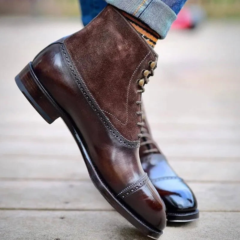 Large size:38-46 Men Short Boots Brown Bullock Flock Lace-up Square Toe Handmade Business Ankle Shoes for Men