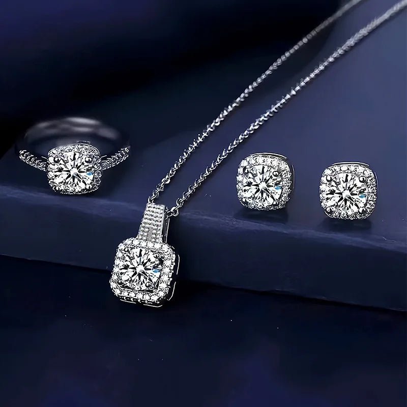Silver-Tone Jewelry Set — Diamond Halo Necklace Earrings Ring — Silver | KIMLUD