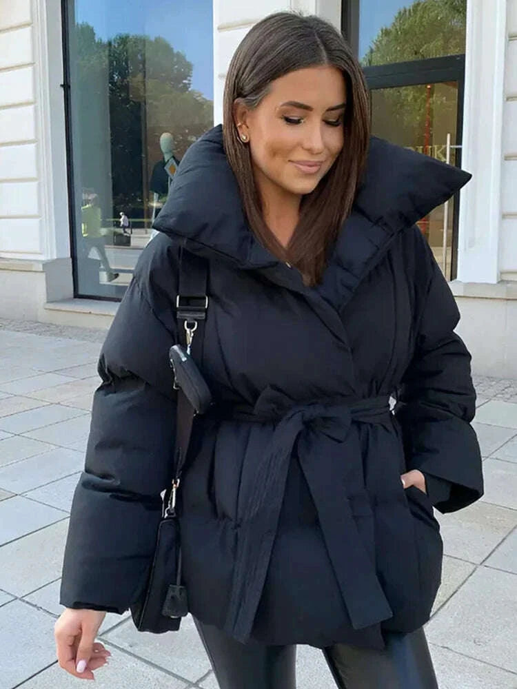 KIMLUD, Women Solid Thicken Cotton Jackets Casual Stand Collar Zipper Long Sleeves Lace Up Detachable Hat Coat Winter Lady Warm Outwear, KIMLUD Womens Clothes