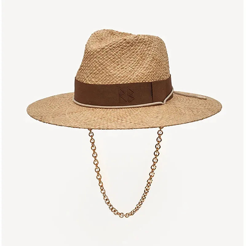 KIMLUD, Chain Strap Straw Fedora Hat  Embellished Beach Hats with Chain For Women Straw Woven Sun Hats Summer Holidaty Panama Hat, Chain style 02, KIMLUD Womens Clothes