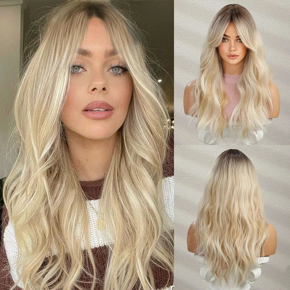 KIMLUD, Golden Blonde Mixed Synthetic Wig Dark Root Wavy Hair With Side Bangs for Women Daily Party Cosplay wig Heat Resistant Fiber, KIMLUD Womens Clothes