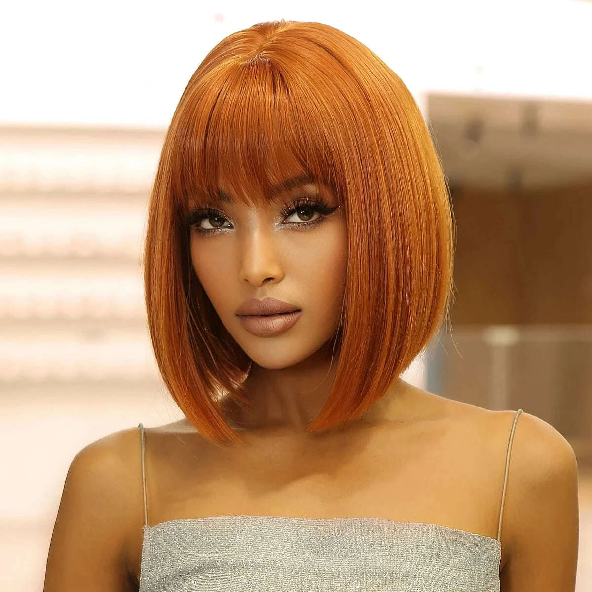 KIMLUD, Short straight synthetic wig Ginger Brown Bob wig with straight bangs Ladies Cosplay daily natural high temperature silk wig, KIMLUD Womens Clothes